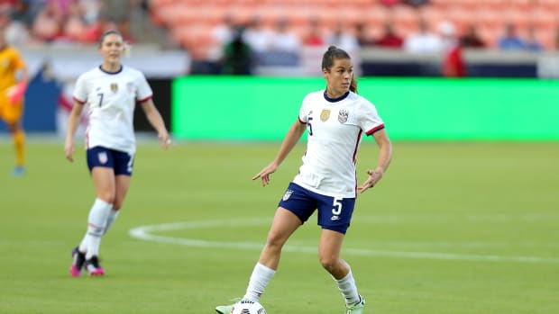 Jun 10, 2021; Houston, Texas, USA; United States defender Kelley O'Hara (5) controls the ball against Portugal during the first half of a WNT Summer Series international friendly soccer match at BBVA Stadium. Mandatory Credit: Erik Williams-USA TODAY Sports
